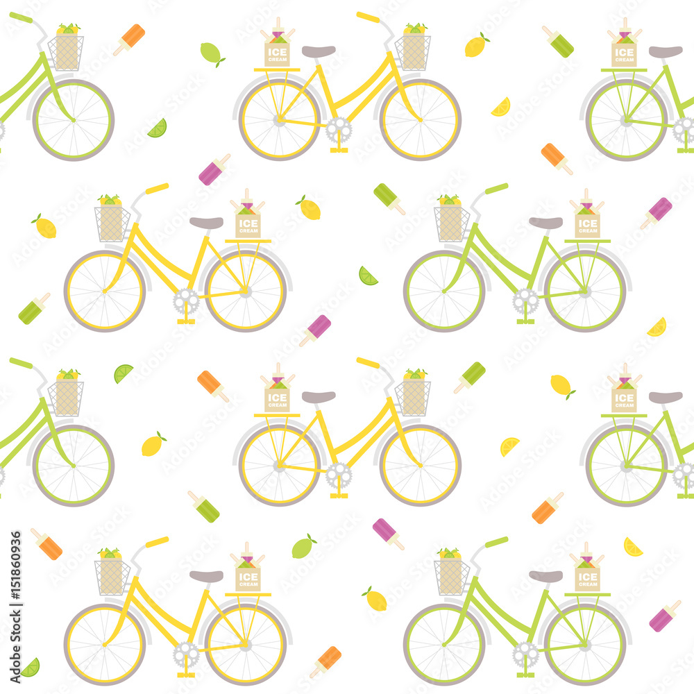 Seamless pattern with colorful bicycle, ice cream and lemons. Great for wrapping paper, posters, backgrounds for the site. Seamless pattern with colorful bicycle, ice cream and lemons. Great for wrapping paper, posters, backgrounds for the site.