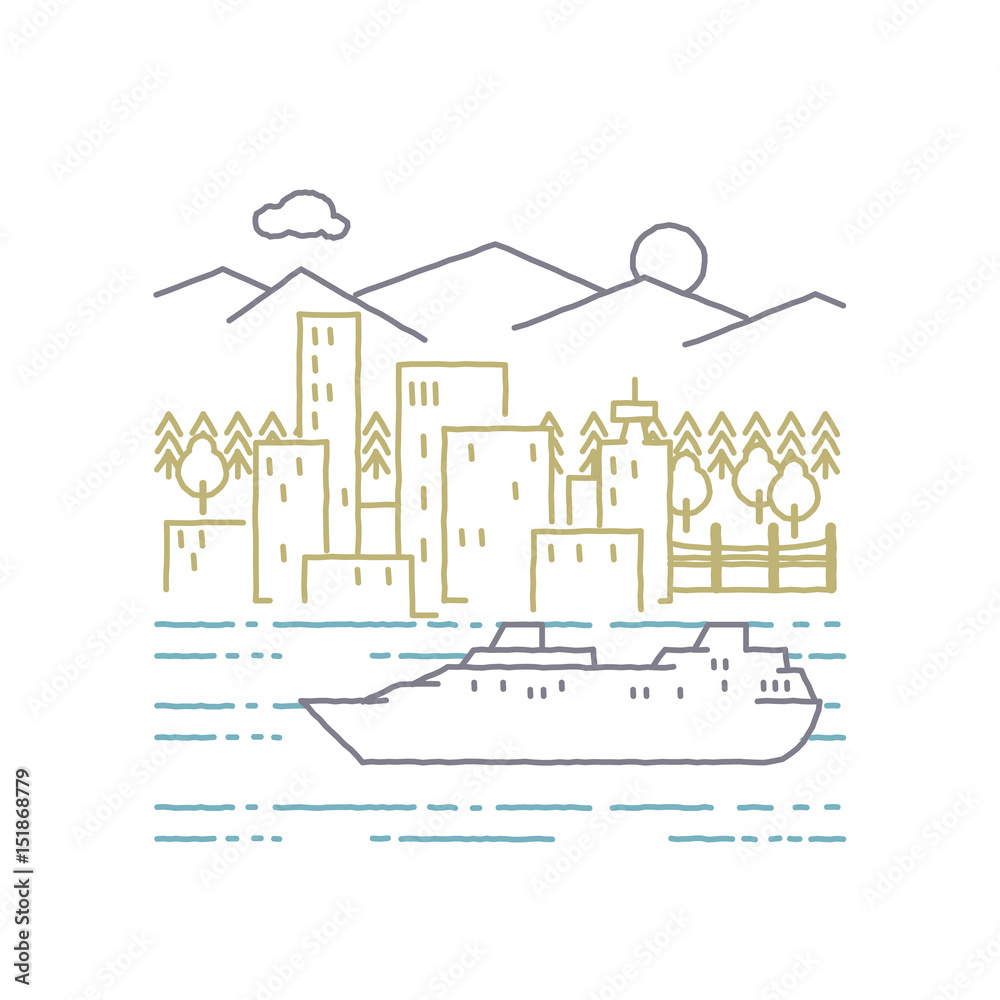 Naklejka premium A city below mountains & trees, an ocean with a cruse ship. 