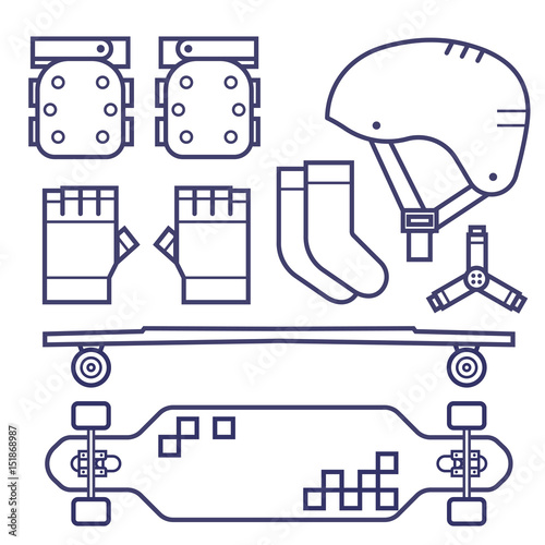 Roller skating and skateboarder protection set. Skate boarding protective gear. Skater helmet, wrist guards, elbow, knee pads and longboard icons in line art. City sports and activities equipment.