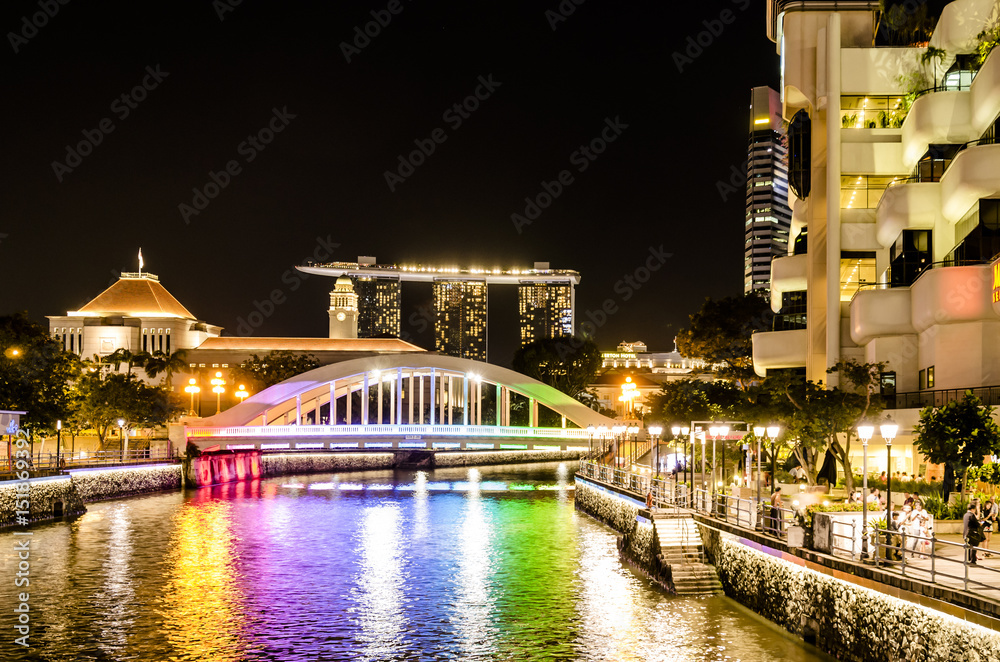 singapore's bridge by night, cityscape of singapore by night, with a bridge and marina bay sand skyscraper in background. asia. future.