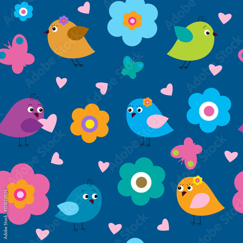 Stylish seamless pattern with birds on a blue background © bulycheva_art