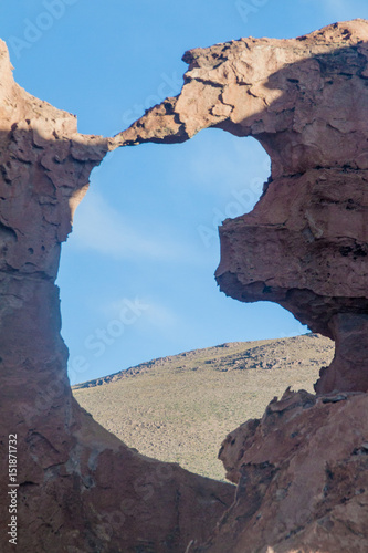 Detail of a natural window in a rock formation called Italia perdida in Bolivia