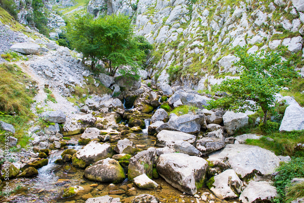 The Rio Bulnes leads along the Canal del Texu, a trackway between the village Bulnes and Poncebos, at the river Rio Cares in the Picos de Europa The Rio Bulnes leads along the Canal del Texu, a trackway between the village Bulnes and Poncebos, at the river Rio Cares in the Picos de Europa