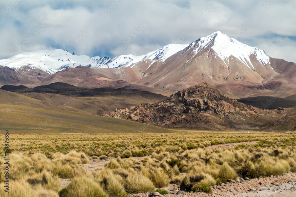 Fototapeta premium Snow covered mountains soaring from altiplano in Bolivia
