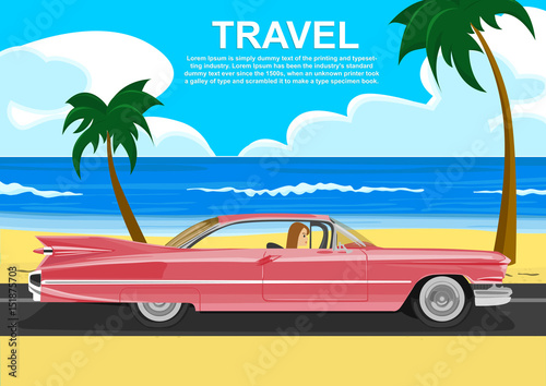 Wallpaper Mural Young woman driving a retro car along the sea coast Torontodigital.ca