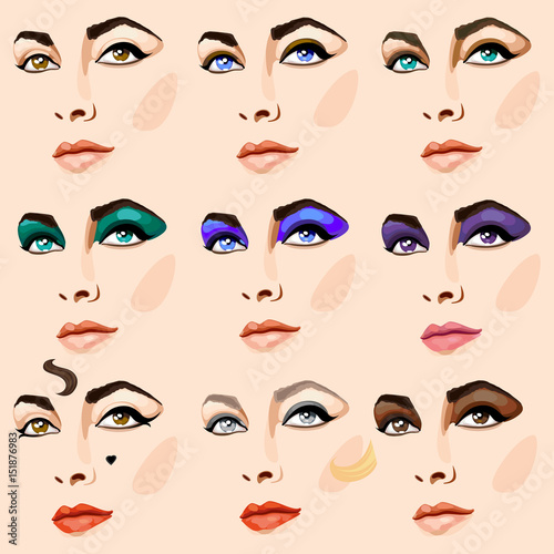 Set of faces of beautiful woman with bright make-up. Full face view. Vector Illustration