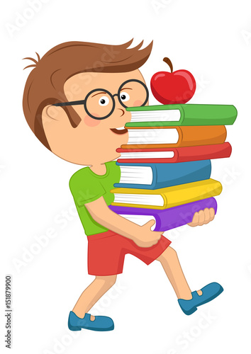 Cute primary schoolboy carrying stack books with red apple