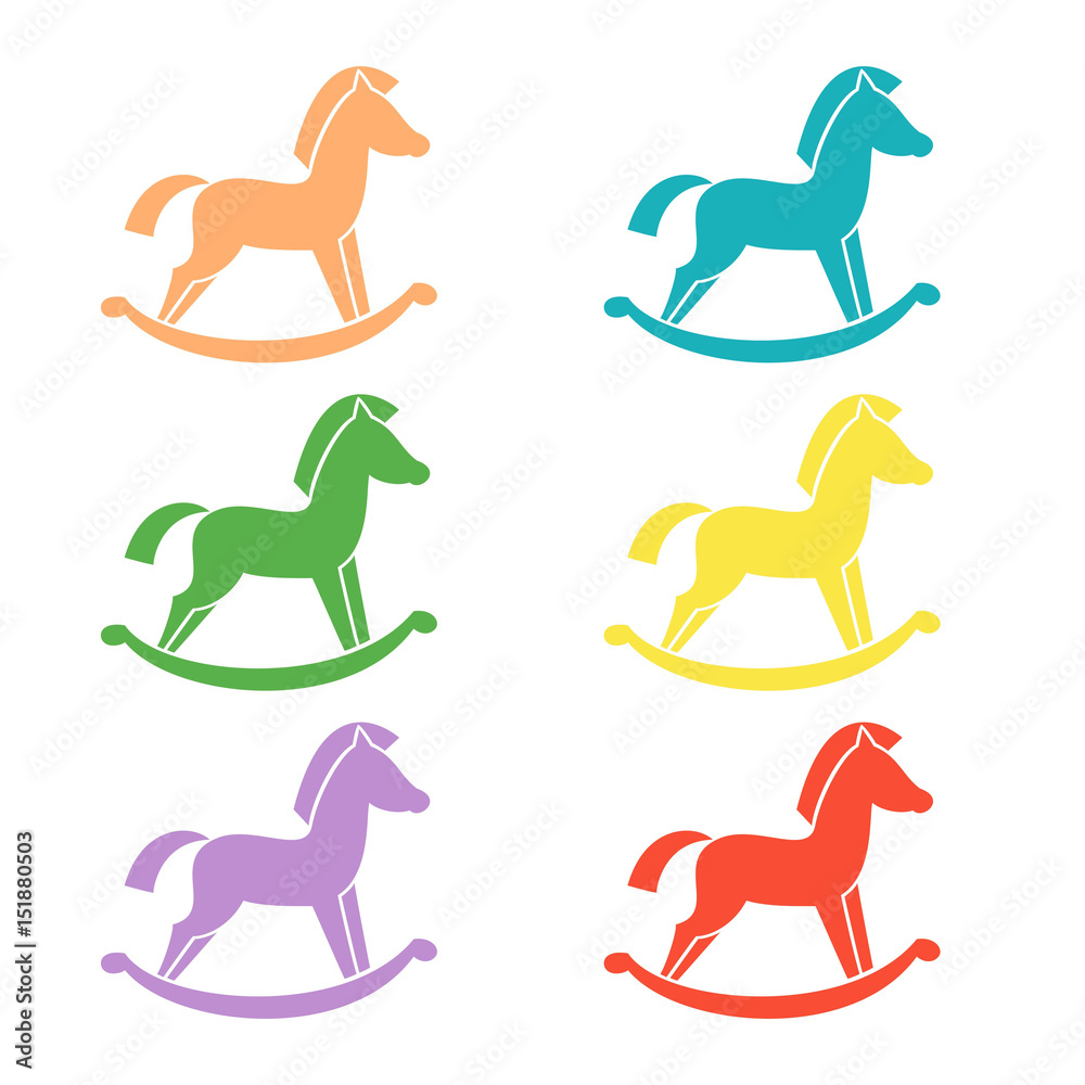Set of horse toy icons on the white background.