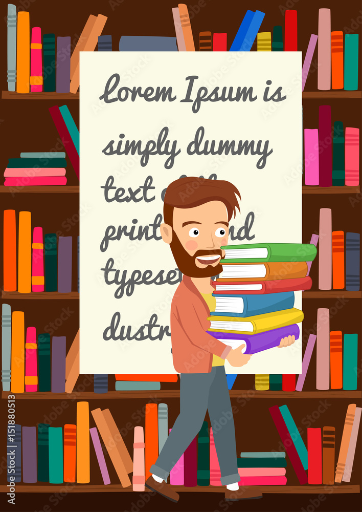 Hipster man carrying stack books in library over blank board with text for copyspace Hipster man carrying stack books in library over blank board with text for copyspace