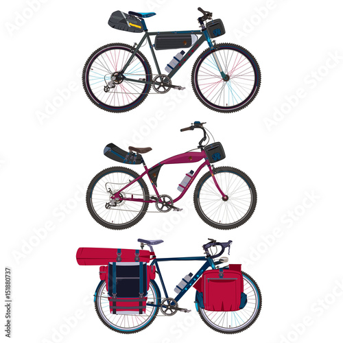 Vector flat set of touring bikes with bikepacking gear