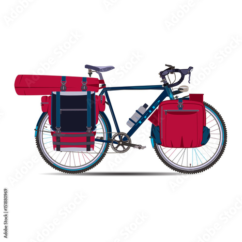 Vector flat illustration of touring bike with bikepacking gear