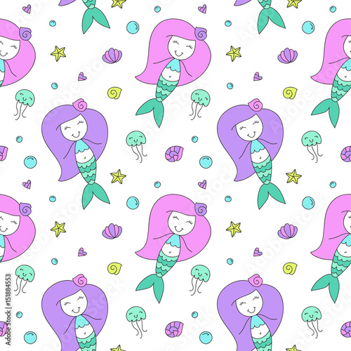 Fototapeta Naklejka Na Ścianę i Meble -  seamless pattern of cartoon mermaid, shell, starfish, jellyfish and bubble