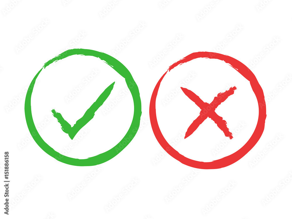 Tick and cross brush signs. Green checkmark OK and red X icons, isolated on white background. Simple marks graphic design. Symbols YES and NO button for vote, decision, web. Vector illustration Tick and cross brush signs. Green checkmark OK and red X icons, isolated on white background. Simple marks graphic design. Symbols YES and NO button for vote, decision, web. Vector illustration