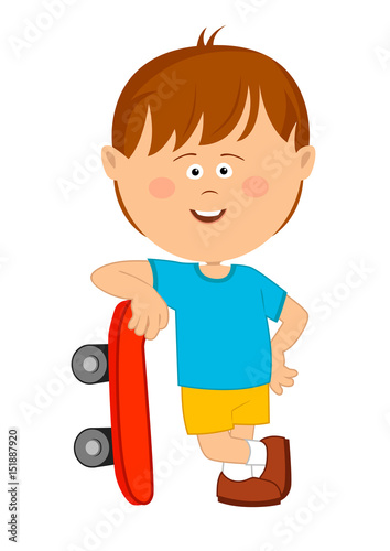 Cute little boy leans on his skateboard