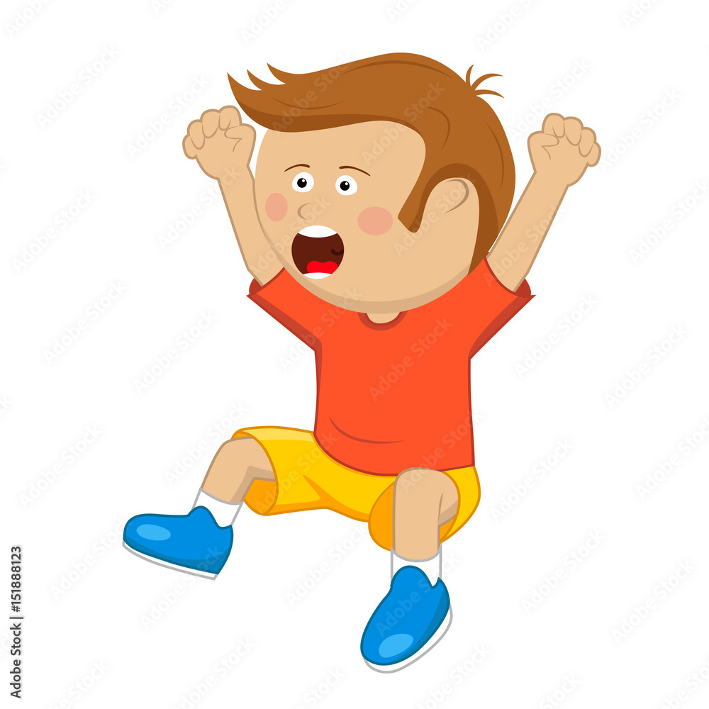 Cute little boy with raised up cheering and jumping Cute little boy with raised up cheering and jumping