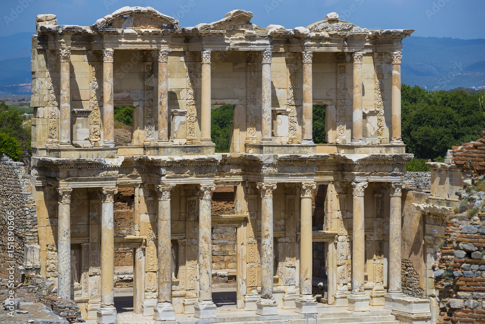 The ruins of the ancient antique city of Ephesus the library building of Celsus, the amphitheater temples and columns. Candidate for the UNESCO World Heritage List 
