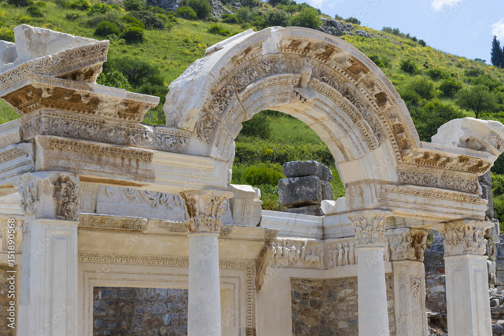 The ruins of the ancient antique city of Ephesus the library building of Celsus, the amphitheater temples and columns. Candidate for the UNESCO World Heritage List 
