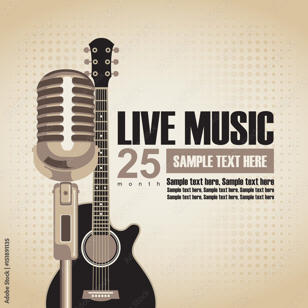 Fototapeta premium vector banner with an acoustic guitar and a microphone for the concert of jazz music on light background in retro style with inscription