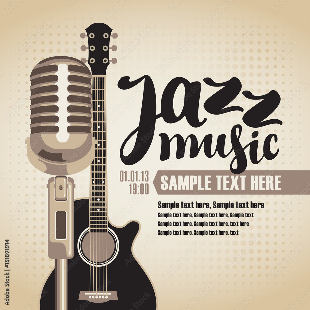 Obraz premium vector banner with an acoustic guitar and a microphone for the concert of jazz music on light background in retro style with inscription
