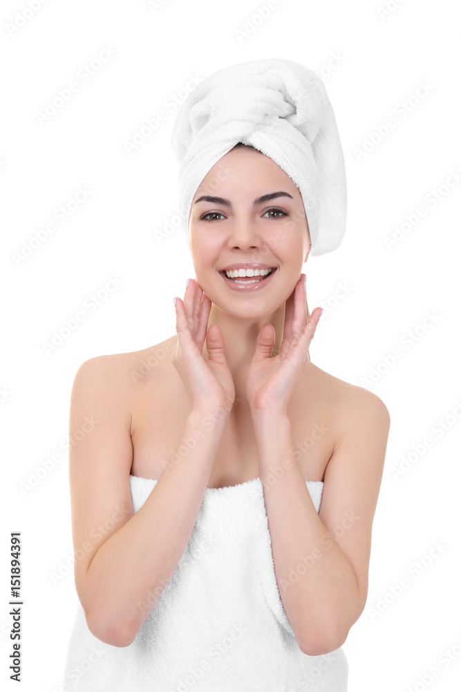 Beautiful young woman after shower on white background Beautiful young woman after shower on white background