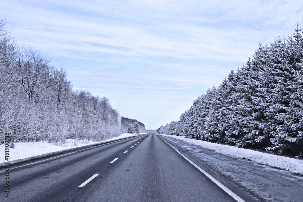 Winter rural landscape with the road, the forest and the cloudy sky. Winter rural landscape with the road, the forest and the cloudy sky.