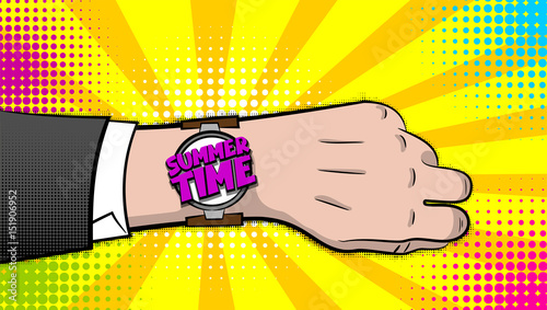 Businessman, man in suit shows vintage retro hand watch. Pop art cartoon style. Exclusive font, comic book text lettering. Bright colored phrase SUMMER TIME speech bubble. Seasonal vector illustration