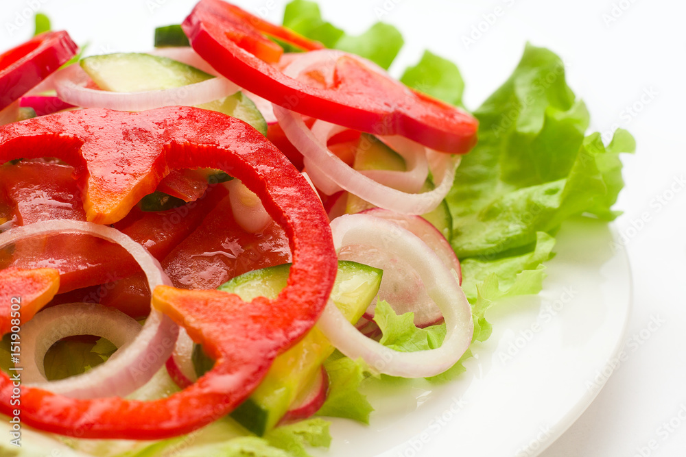 Vegetable salad, vegetarian, lettuce, pepper, cucumber, radish, onion, tomato, celery, fork knife, white background
Vegetable salad, vegetarian, lettuce, pepper, cucumber, radish, onion, tomato, celery, fork knife, white background