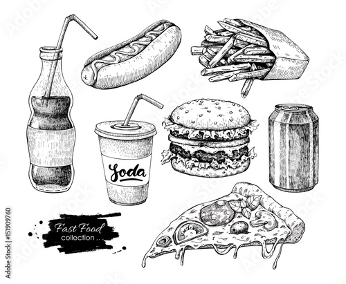 Fast food vector hand drawn set. Engraved style junk food illust