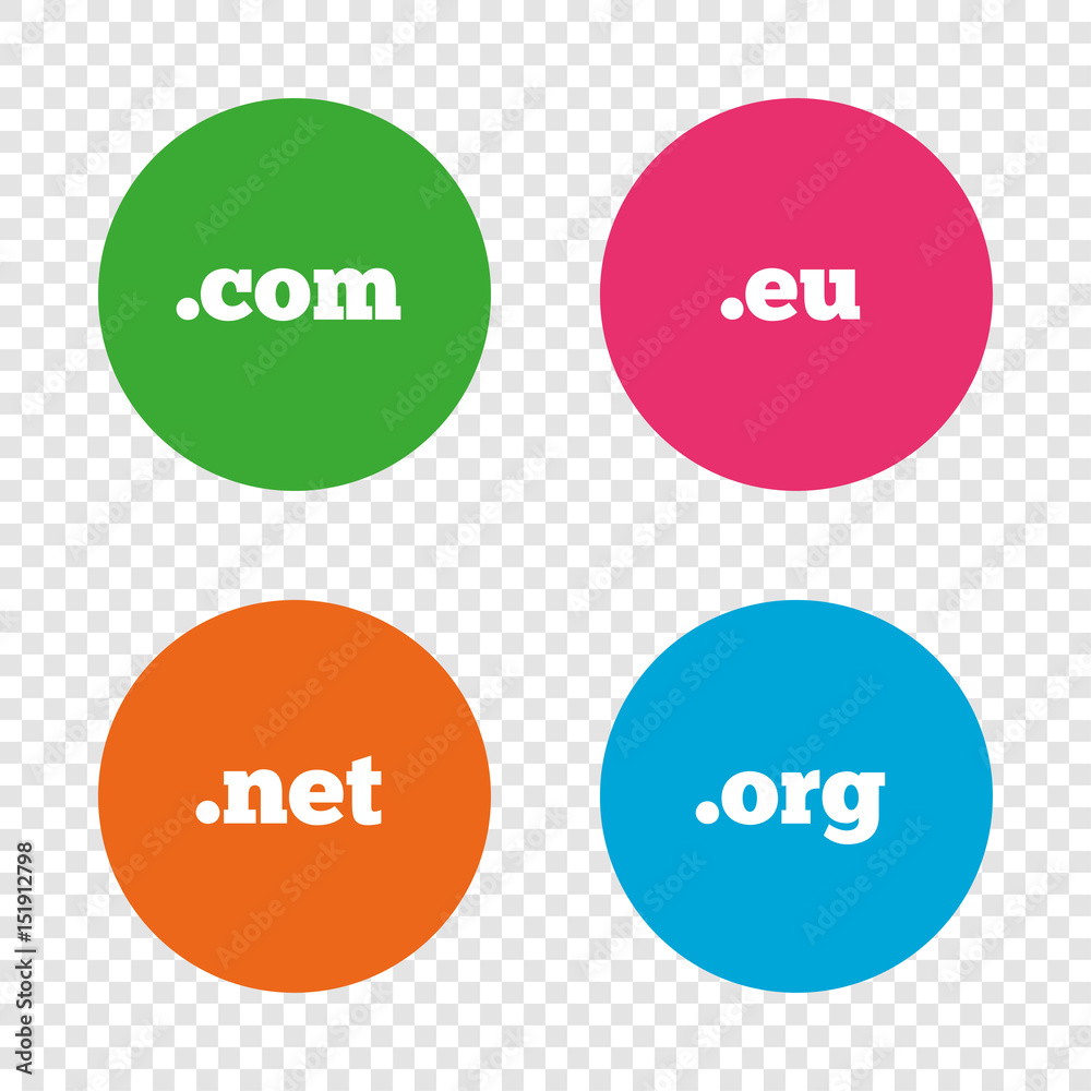 Top-level domains signs. Com, Eu, Net and Org. Top-level domains signs. Com, Eu, Net and Org.