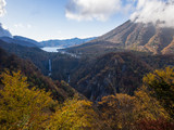 View of Lake Chuzenjiko and Kegon falls from the mountaintop at Akechidaira with fall colors