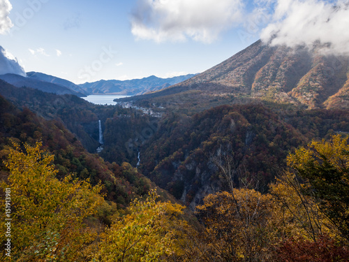 View of Lake Chuzenjiko and Kegon falls from the mountaintop at Akechidaira with fall colors © amenohi