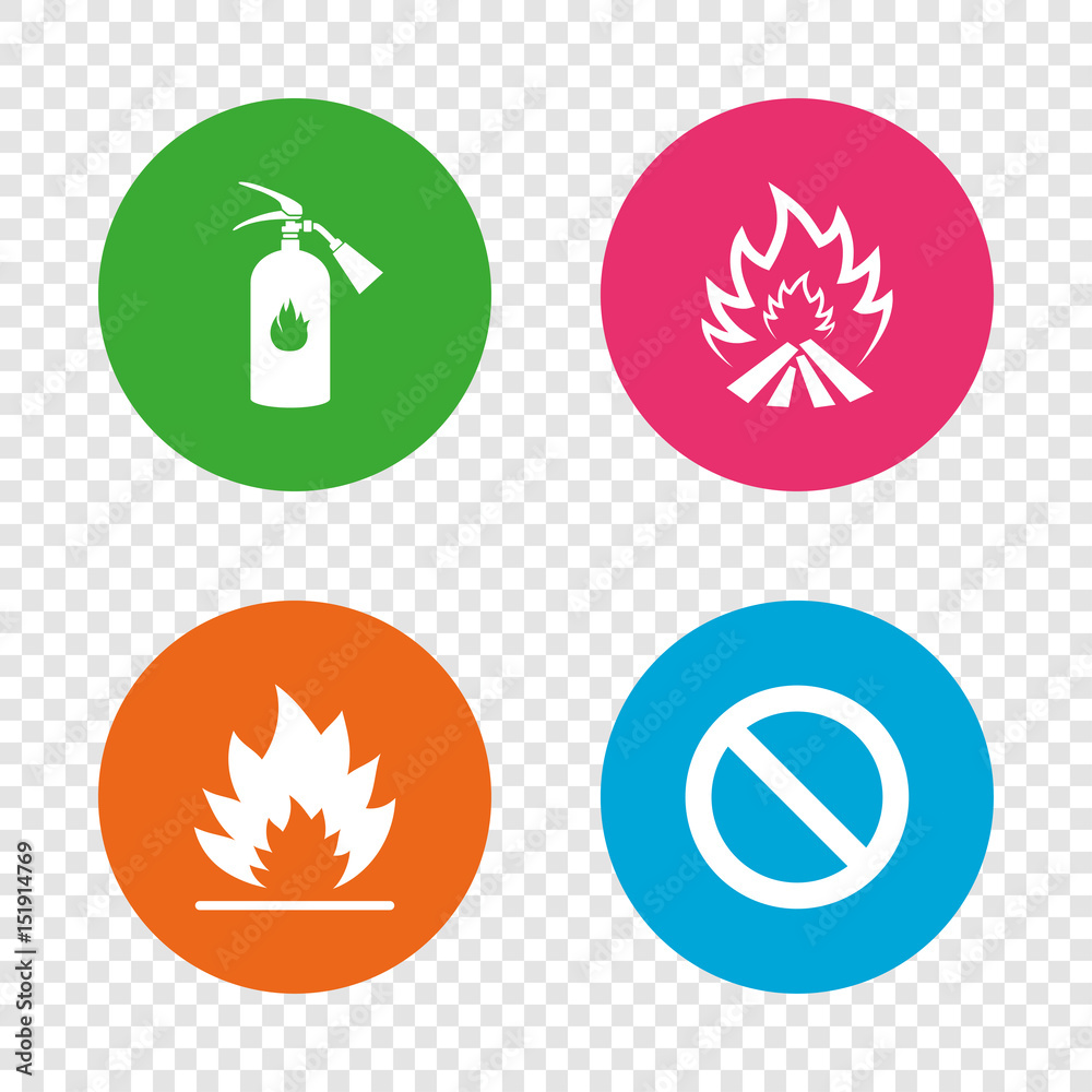 Fire flame icons. Prohibition stop symbol.
