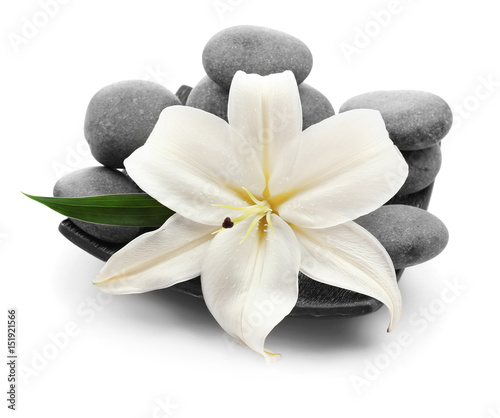 Spa stones with flower on white background