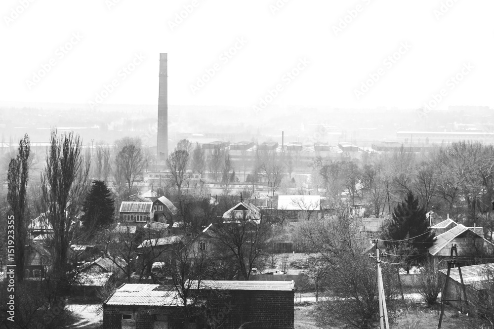 Monochrome photo of the part of small town