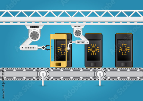 Robot working with conveyor belt and production line inside factory building for industrial concept.