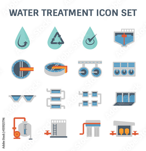 Water treatment icon and process, That removes contaminants and undesirable components to improves the quality of water appropriate for end-use such as drinking or water supply, Vector icon design.