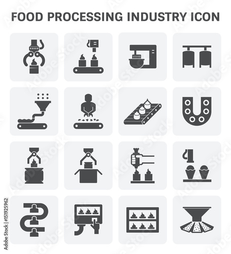 Food processing industry and production line inside factory vector icon.