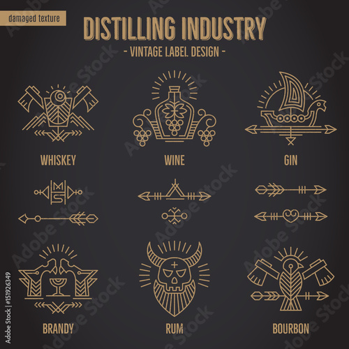 Set of vintage alcohol drink symbols with ethnic elements in thin line style.