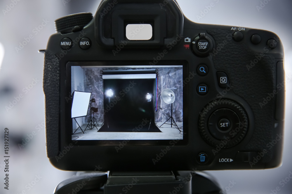 Empty photo studio interior on camera display Empty photo studio interior on camera display