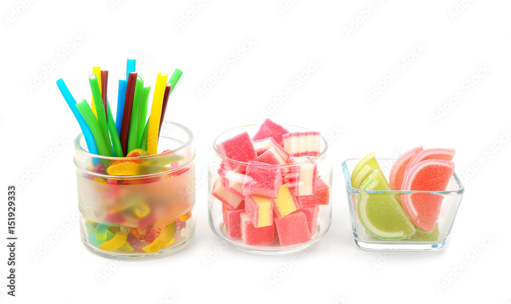 Composition with tasty jelly candies on white background Composition with tasty jelly candies on white background