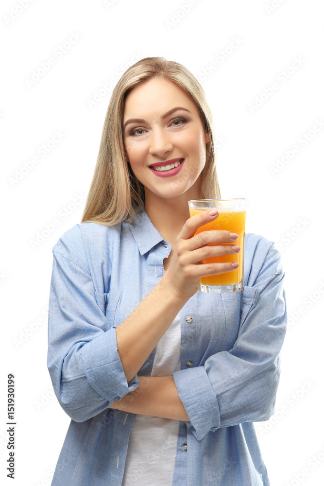 Beautiful young woman with glass of fresh juice on white background Beautiful young woman with glass of fresh juice on white background