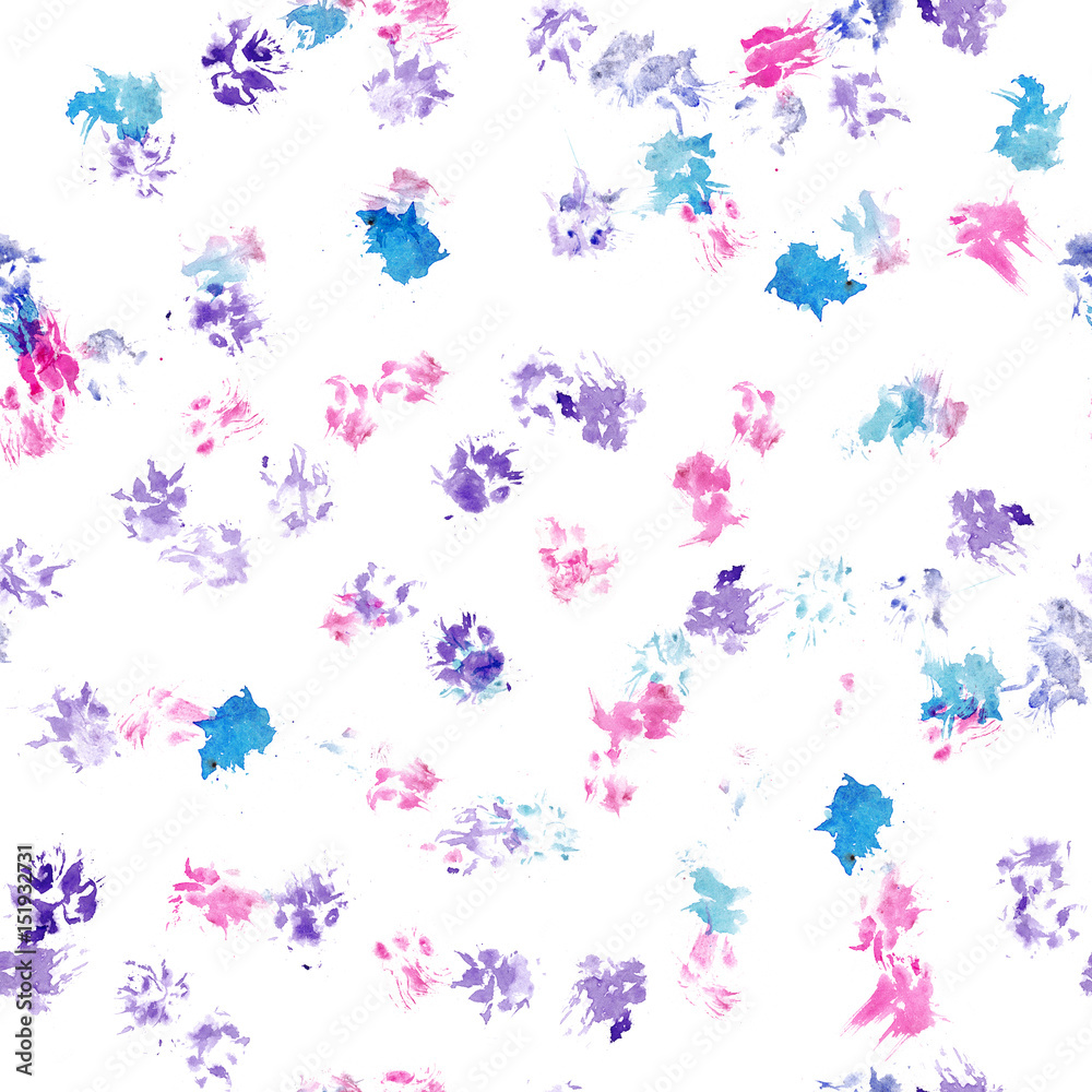 Abstract seamless pattern - black ink prints with messy dog paws. Creative monochrome backdrop with regular animal footprints