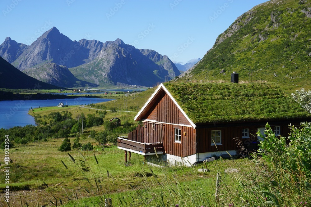 Traditional Norwegian house with a sod roof covered with turf grass