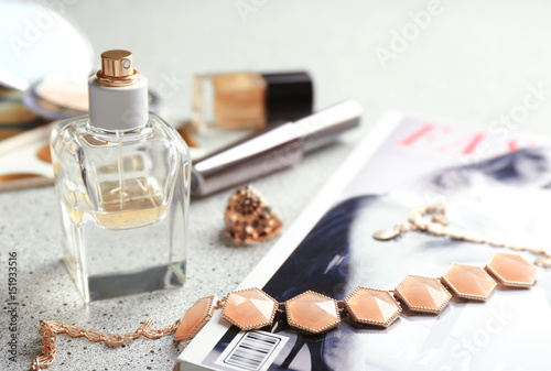 Bracelet, perfume, magazine...