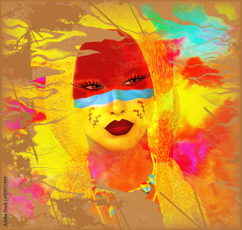 Fototapeta Naklejka Na Ścianę i Meble -  Native American Woman with abstract colorful painted face in or unique 3d render art style. Perfect for themes or projects on diversity, fantasy, mystery, culture, make up and more.