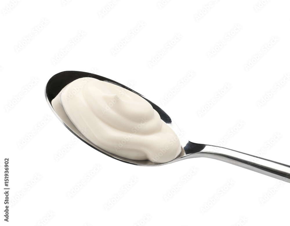 Delicious mayonnaise in spoon isolated on white Delicious mayonnaise in spoon isolated on white