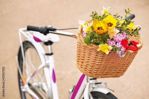 Bicycle with beautiful basket of flowers on light background