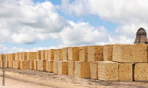 horizontal image of a lot of lumber stacked and piled at the saw mill under a bright cloudy sky in the summer time.