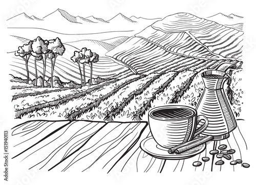 coffee plantation landscape table cup sack in graphic style hand-drawn vector illustration.
