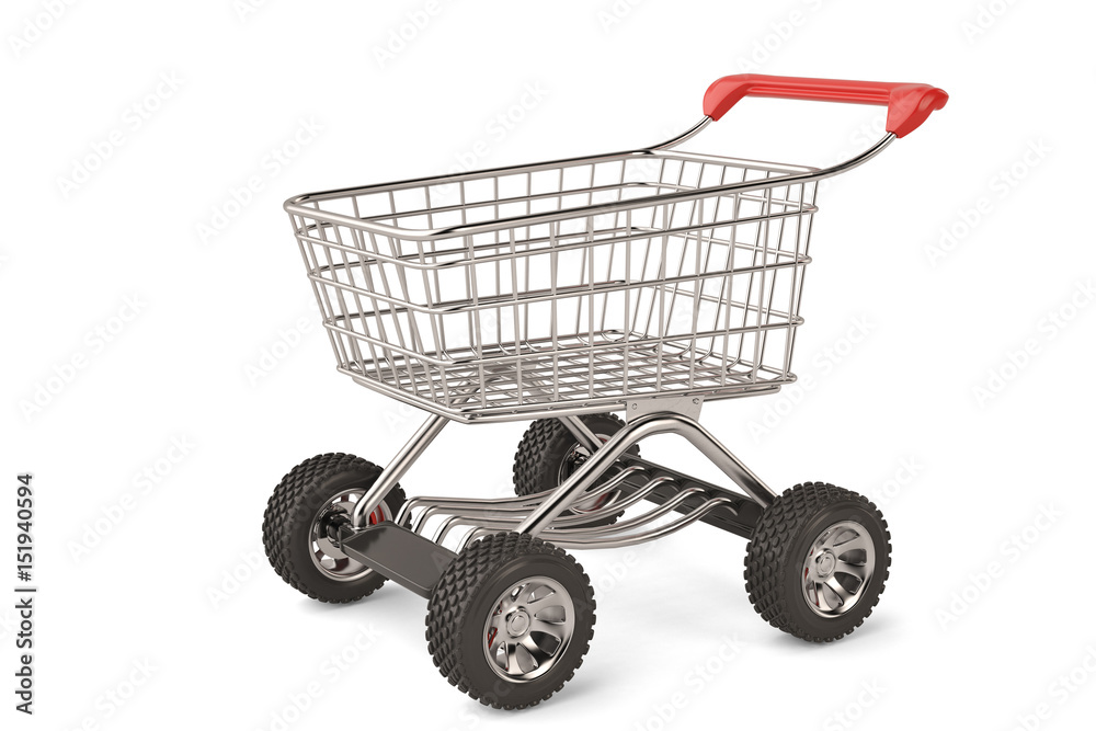 Concept shopping cart with big car wheel high resolution.3D illustration. Concept shopping cart with big car wheel high resolution.3D illustration.